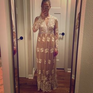 Long tan and white lace dress